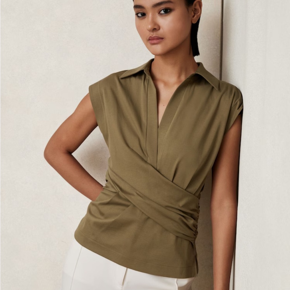 Reiss Jean Stretch-Cotton Wrap-Front Collar Top in Khaki Green